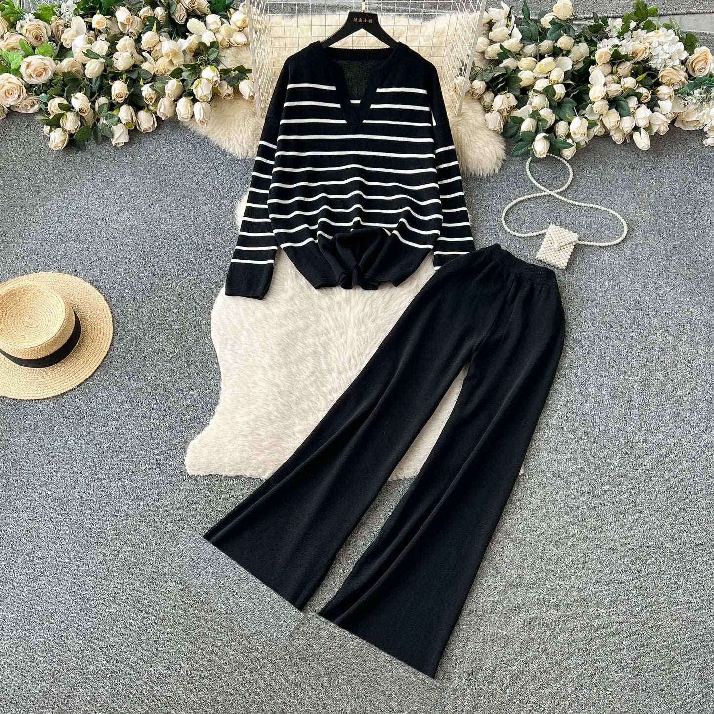 Woman Casual Sets Long Sleeve Sweater+Wide leg pants