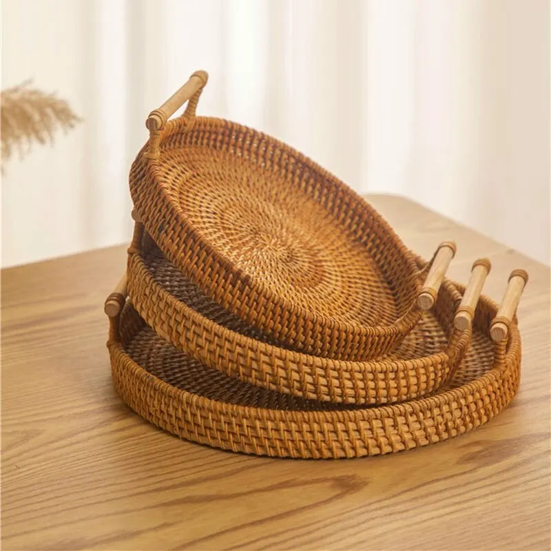 1PC Rattan Storage Round Tray Picnic Tray