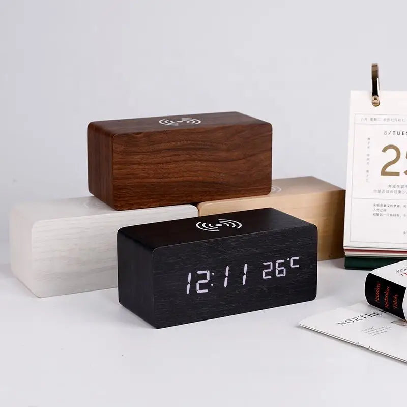 Wooden Digital Clock with Wireless Charging