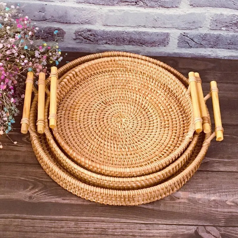 1PC Rattan Storage Round Tray Picnic Tray