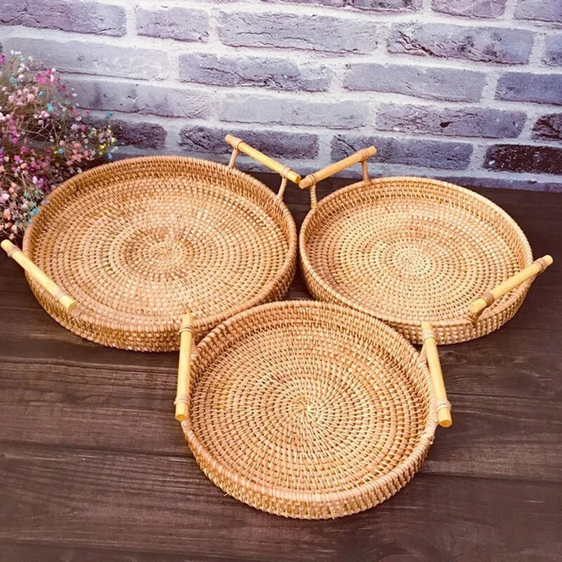 1PC Rattan Storage Round Tray Picnic Tray