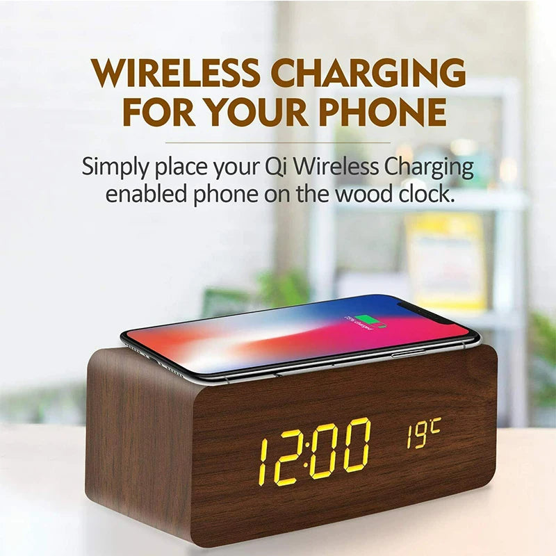 Wooden Digital Clock with Wireless Charging