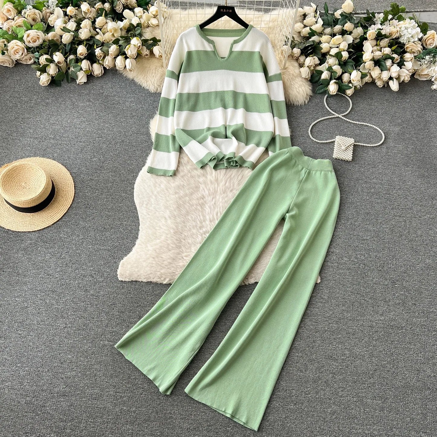 Woman Casual Sets Long Sleeve Sweater+Wide leg pants