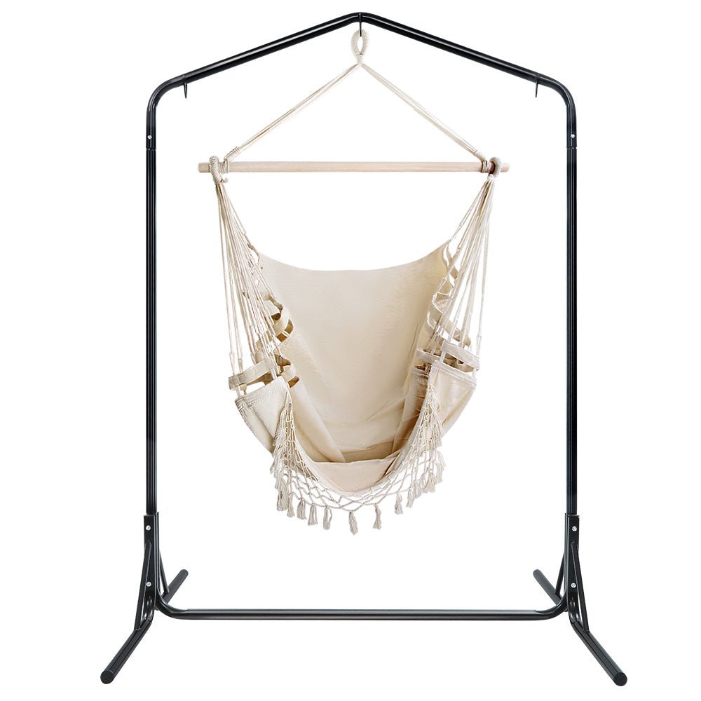 Outdoor Hammock Chair with Stand Tassel Hanging Rope Hammocks Cream-2