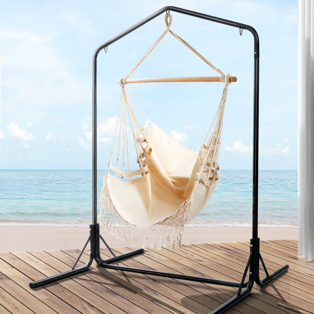 Outdoor Hammock Chair with Stand Tassel Hanging Rope Hammocks Cream-7