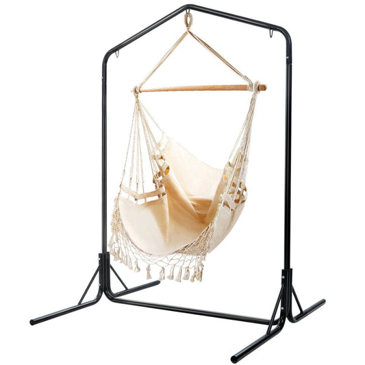 Outdoor Hammock Chair with Stand Tassel Hanging Rope Hammocks Cream-0