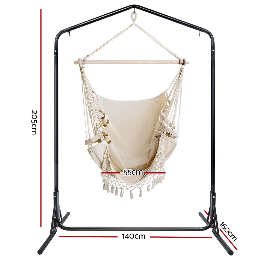 Outdoor Hammock Chair with Stand Tassel Hanging Rope Hammocks Cream-1